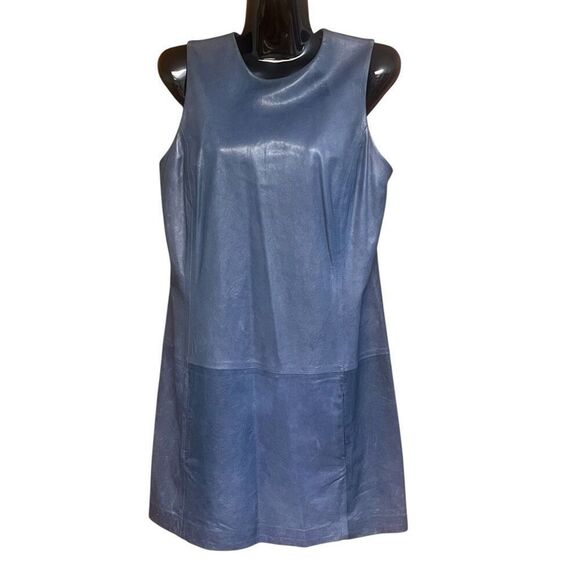 Vince Blue Leather Sleeveless Exposed Zipper Shift Dress Sz 4 Preowned - Picture 1 of 7